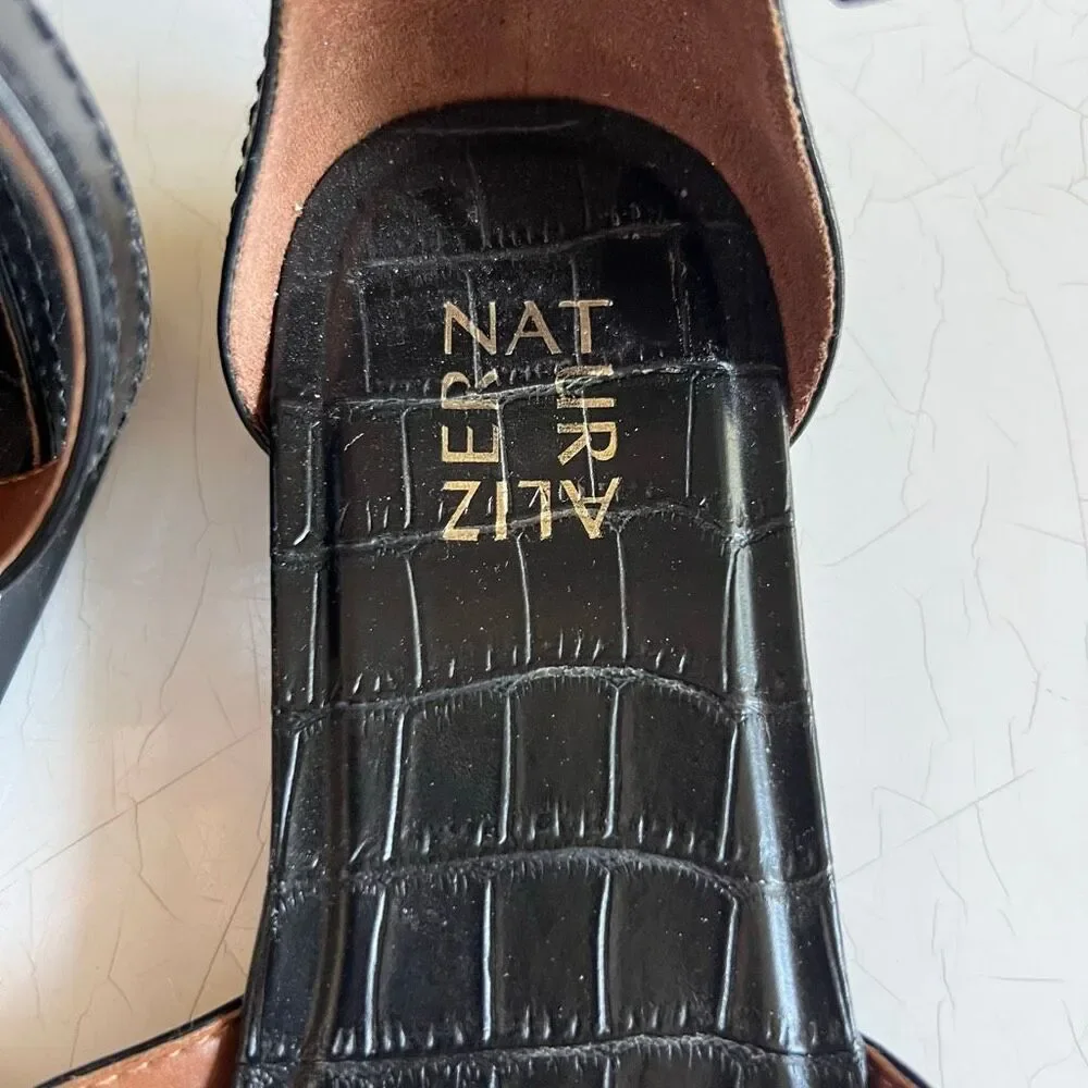Naturalizer Sausalito flat sandals in black croc-embossed leather crisscross str